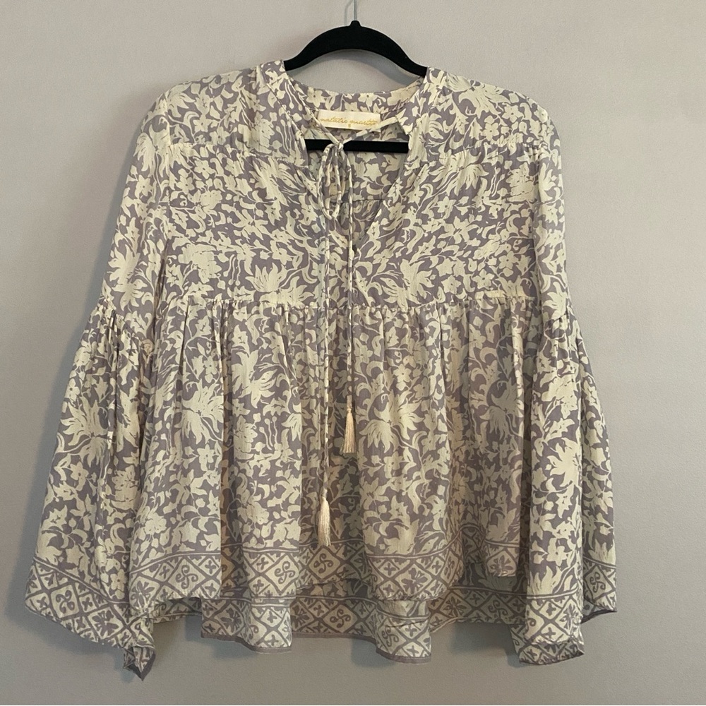 Natalie Martin Silk Cream and Light Taupe Floral 3/4 Flutter Sleeve - Small